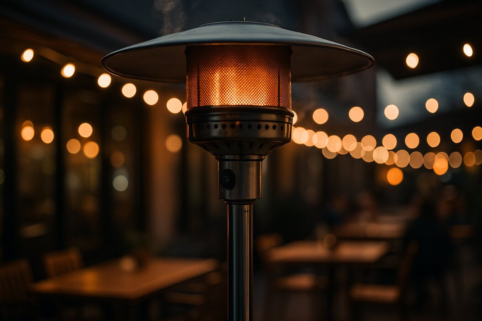 Restaurant outdoor patio with commercial overhead infrared heaters keeping diners comfortable in winter evening